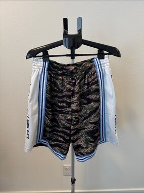 Mitchell & Ness Black and Green Camo Athletic Shorts with White Panels, size M